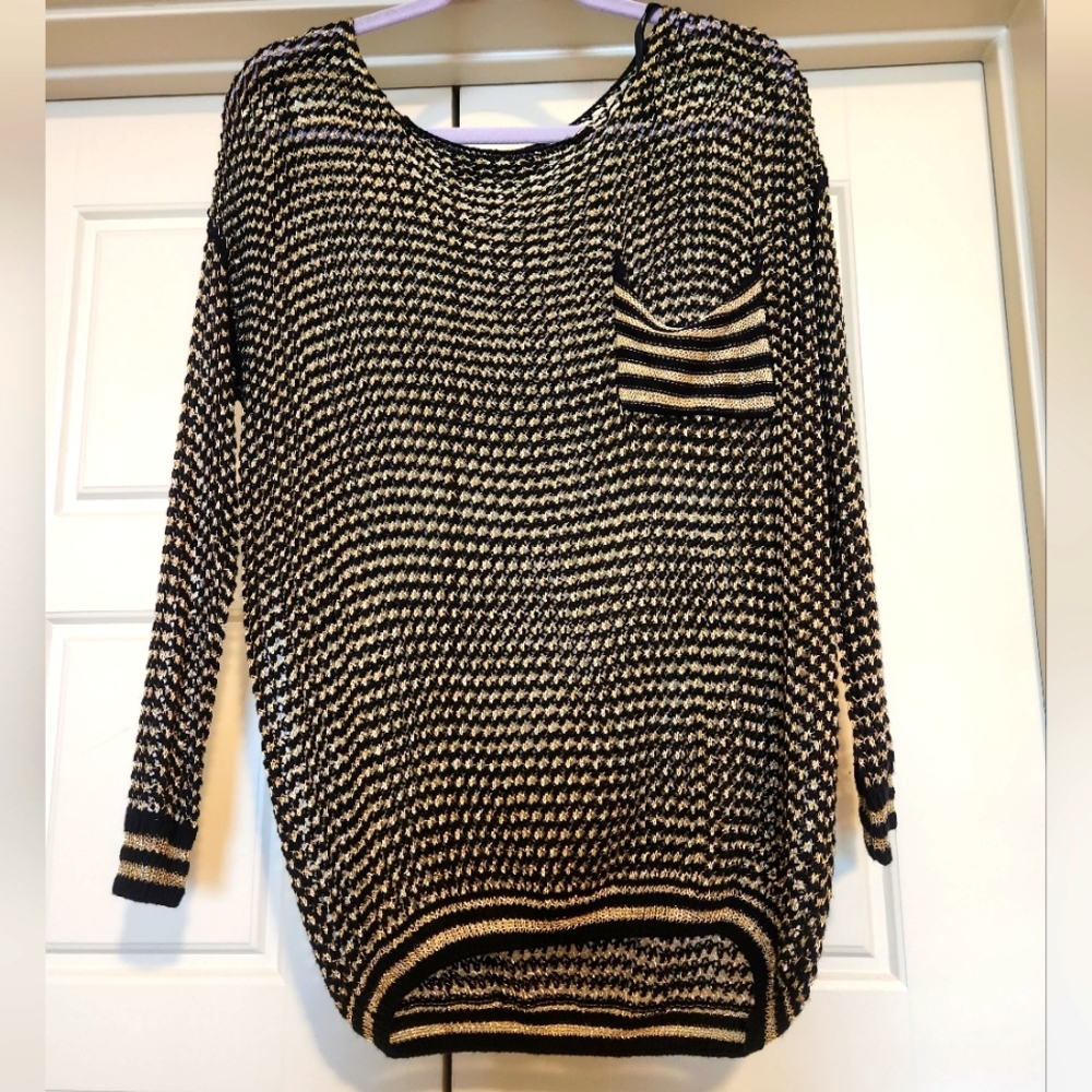 Ark & Co Longsleeve Scoop Neck Shimmer Fishnet Sweater Blouse